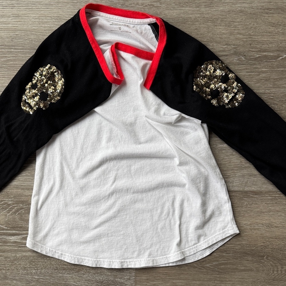 Express Black and White 3/4 Sleeve Tee with gold sequin skulls